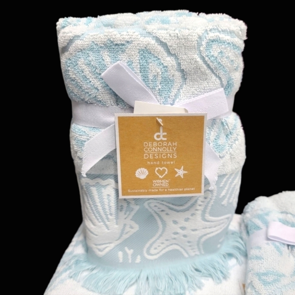 6pc Deborah Connolly Coastal Starfish Scalloped Seashell Bath Hand Tip Towel Set - Picture 2 of 10
